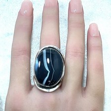 Vintage Large Sterling Silver Black Agate Natural Banded Ring 15.6 Grams Size-8