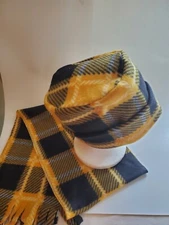 New  Pillbox Plaid Mustard Color Fleece Hat and scarf set Adult Sz Hand Crafted