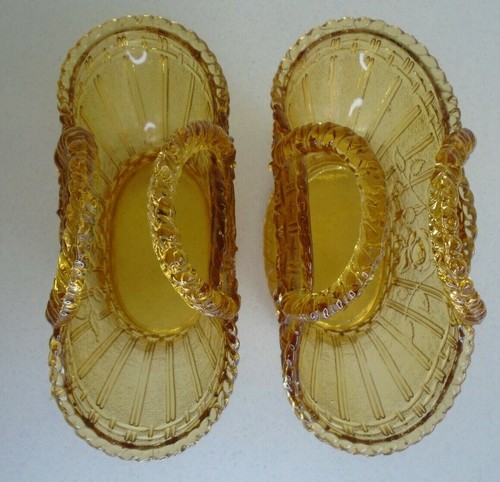 Pair 2 antique 1890s DAVIDSON Pressed Glass Basket Bowls 234 Yellow Amber MARKED - Picture 4 of 12