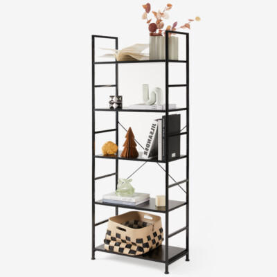 5-Tier Shelf Multi-level Storage Bookshelf Wood Bottom Panels Anti-Tilt
