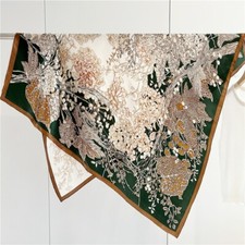Mulberry Silk Wrap Shawl Bandanna Shawl Flowers Print Scarf 43" Brown/Green
