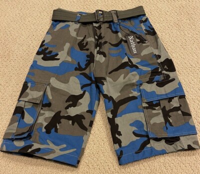 NWT Men’s Nathan Blue Grey Camouflage Camo Belted Cargo Pocket Shorts ALL  SIZES