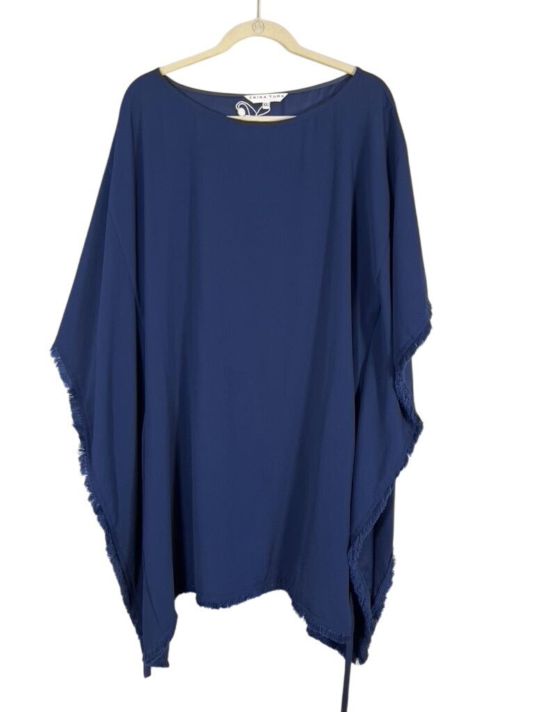 Trina Turk Poncho Women XL Blue Boat Neck Tie Waist Neutral Nautical Resort Luxe