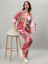 2 Piece Women Cotton Shirt Trousers Pink Patchwork Co-Ord Set Holiday Outfits