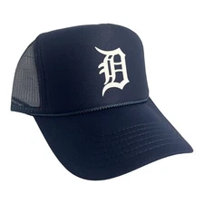 NEW DETROIT NAVY BLUE CAP HAT 5 PANEL HIGH CROWN TRUCKER SNAPBACK VINTAGE