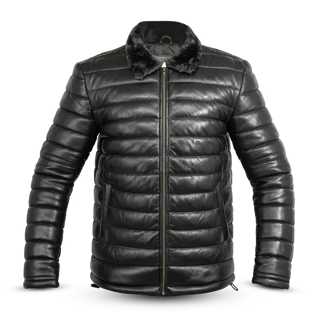 Lamb Skin Leather Puffer Jacket Black for men