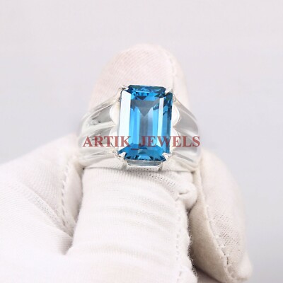 Natural Blue Topaz Gemstone with 925 Sterling Silver Ring for Men's #4679