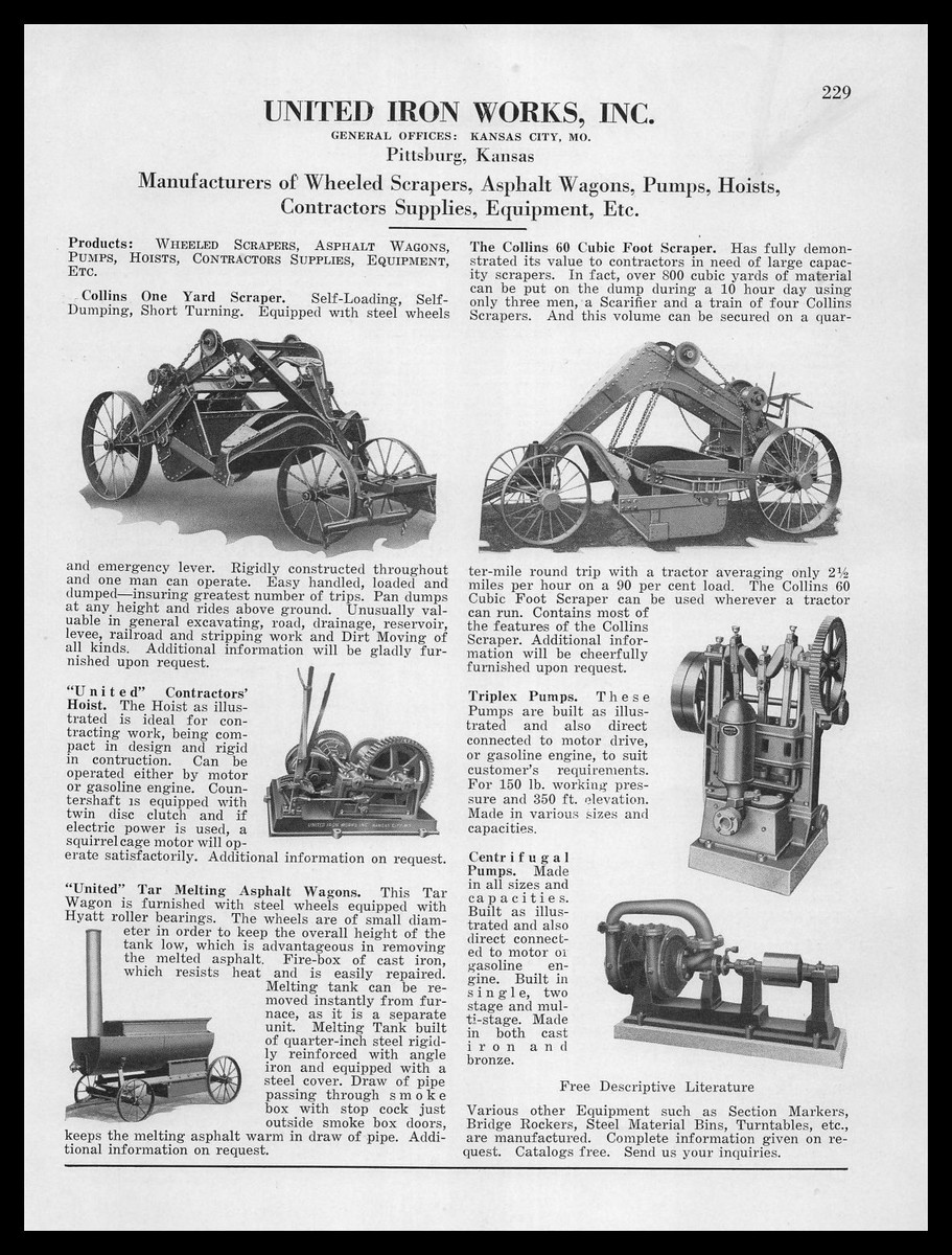 1926 United Iron Works Pittsburg Kansas Scrapers Wagons Pumps 