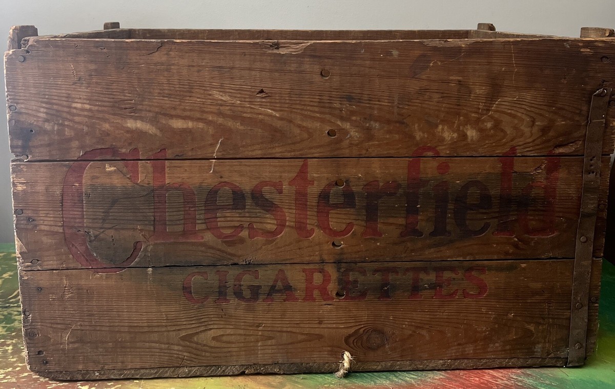 Antique Wooden Chesterfield Cigarettes Crate Tobacco Vacuum Tins WW2 Large 