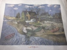 Vintage Boats Houses Fishing Village Printed Needlepoint Canvas