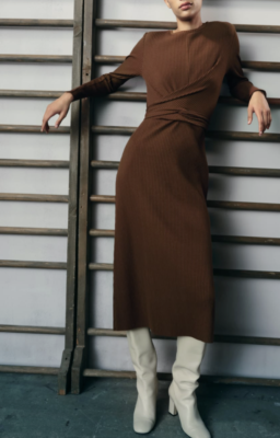 ZARA NEW WOMAN LONG KNIT MIDI BELTED WRAP DRESS CHOCOLATE BROWN 0858/630 S  M | eBay