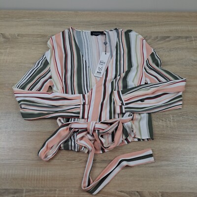 Minkpink Shirt Womens Medium Pink Long Sleeve Wrap Blouse Top Striped New