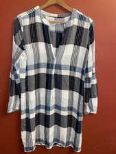 LOFT Womens Small Plaid Tunic Dress Blue White 100% Viscose LgSleeve Shirt Dress