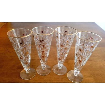 Vintage 50s Libbey Royal Fern Gold White Pilsner Beer Glasses Flutes Set Of 4