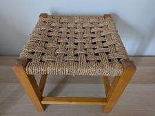 Vintage Wooden Woven Rattan wicker seagrass Foot Stool Plant Stand Home Decor