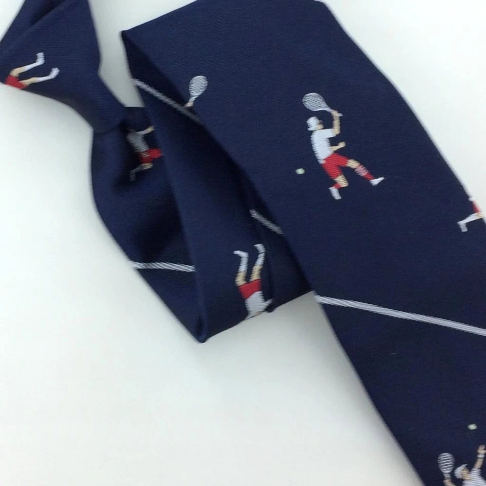 Thom Browne Made In USA Tie Navy Red Silver Tennis Racket Skinny Untipped L3 New - Image 3 of 4