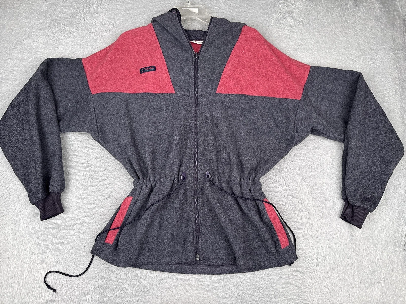VINTAGE Columbia Jacket Mens Large Gray Red Hooded Fleece Full Zip Outdoor Warm