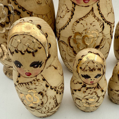 Russian Matryoshka Nesting Dolls Natural Wood Burned Gold Accents