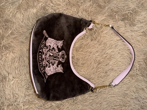 VTG Juicy Couture Scottie Dogs Hobo Bag Chocolate Brown Pink Velour Y2K Purse