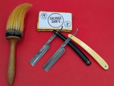 Vintage Barber Shaving Lot 3pc Genco Fluid Steel ECHO Straight Razors Wood Brush