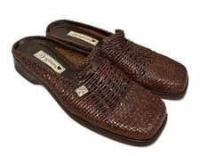Vintage Brighton Women s Brown Woven Leather Square Toe Slip-On Mule Shoes 9.5