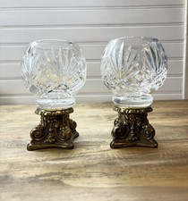 Galway Irish Starburst Cut Crystal Rose Bowl Votive Set(2) On Brass Metal Stands