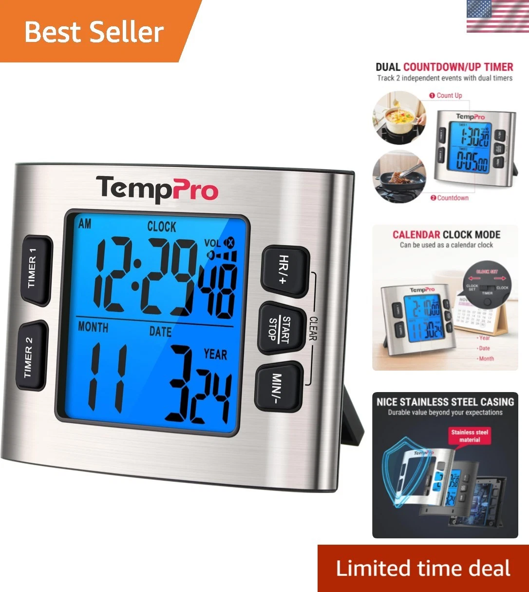 TempPro TM02 24H Digital Timer with Dual Kitchen Timers for Cooking, Magnetic...