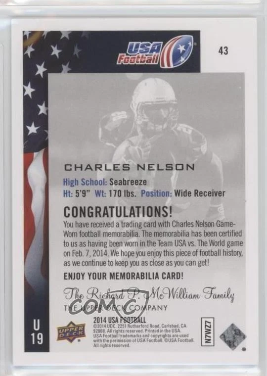 2014 Upper Deck USA Football Jerseys Charles Nelson #43 - Image 2 of 2
