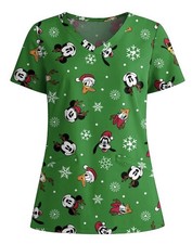 Mickey Mouse Women's Green Christmas Scrub Top Disney 2XL or 3XL NWT Fast Ship 