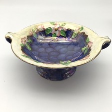 Vintage Maling Blue / Pink Clematis Floral Lustre Ware Two Handled Footed Bowl