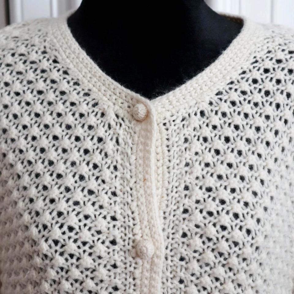 Cárdigan LL Bean Angora Lana Marfil Talla XL Crochet Abierto Bobble Palomitas Tejido Foto 2 de 4