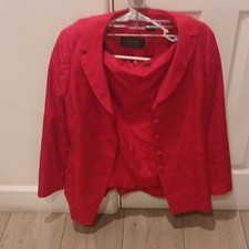 Dana Buchman Women's Red Floral Silk Skirt Suit Set Jacket Size 8 Skirt Size 10