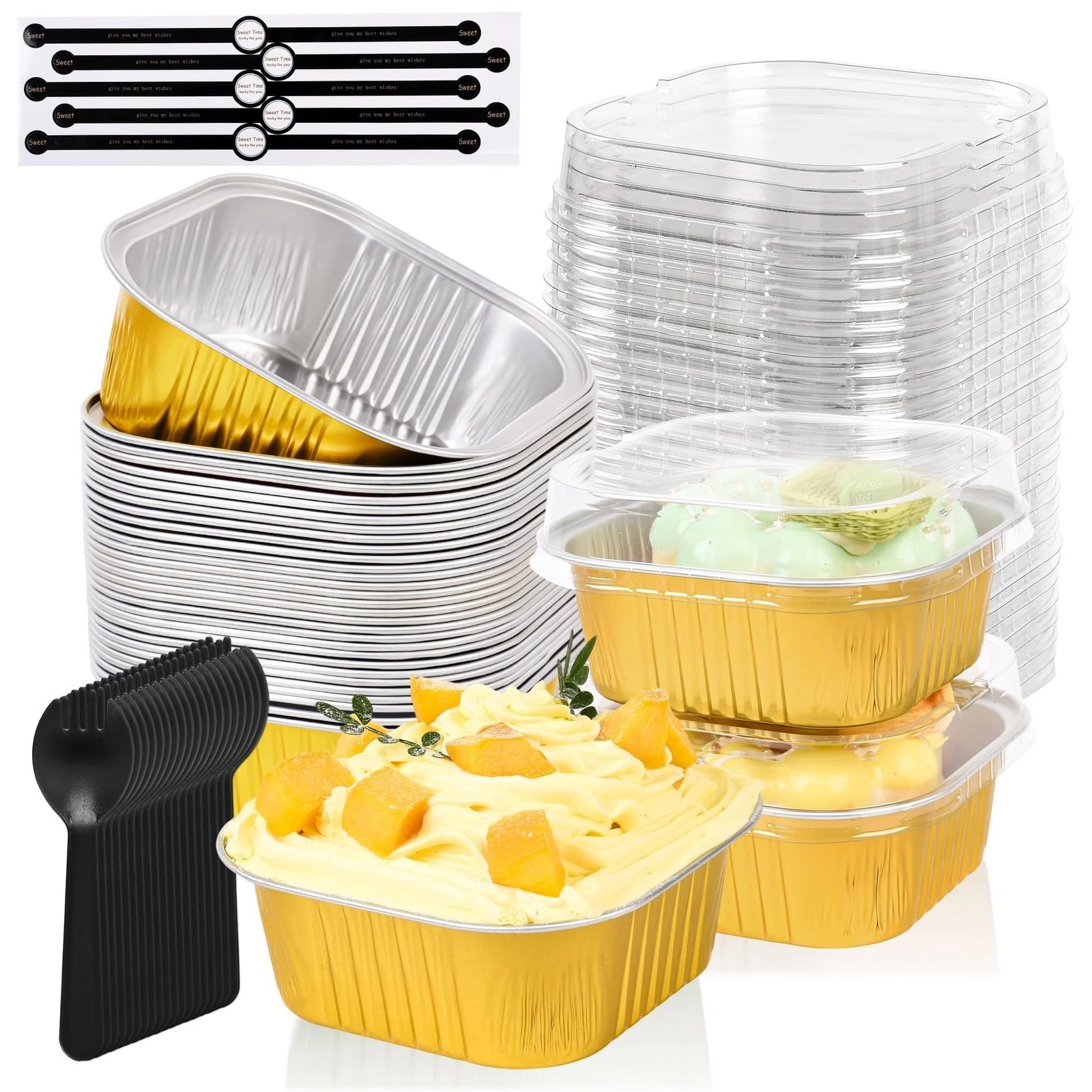 100 Pcs Mini Cake Pans with Lids, 5oz Square Aluminum Foil Brownie Baking Cup...
