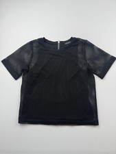 Banana Republic Blouse Womens M Black Crew Neck Short Sleeve Mesh Sheer Zip Top