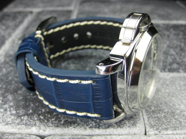 New BIG CROCO 24mm LEATHER STRAP Band Blue White Stitch for fits