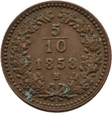 Austria 5/10 Kreuzer 1858 B Franz Joseph I Kremnitz 1.8g Original #FUV21