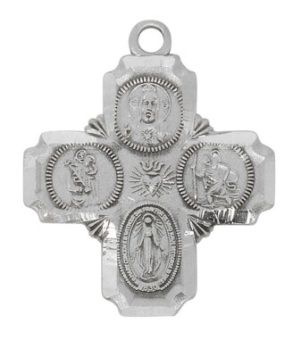 Boxed Silver Tone Pewter Four Way Cross Medal Pendant Necklace for Women 20  In