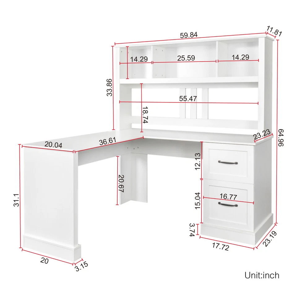 Home Office Computer Desk with Hutch, Large Storage Space,Antiqued White finish - Image 3 of 4
