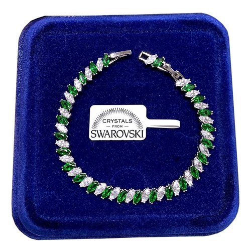 Bracciale Tennis Striscia Verde pl. oro Bianco 18k con Cristalli Swarovski B18 - Foto 1 di 4