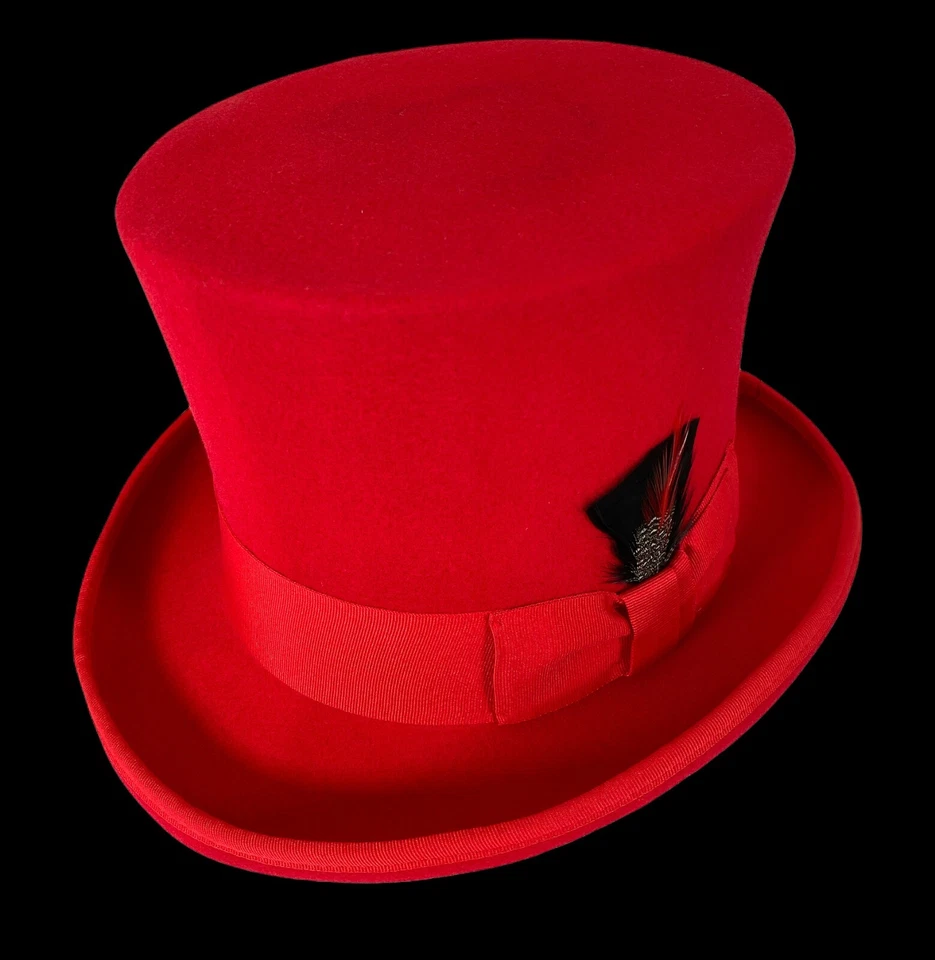 Sombrero de copa rojo de lana caballero inglés steampunk sombrerero para hombre adulto cinta pluma Foto 4 de 4
