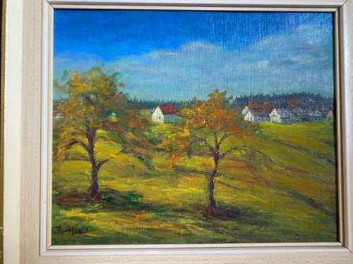 Oil painting signed F. Mika autumn landscape with village and forest on meadows - Picture 2 of 5