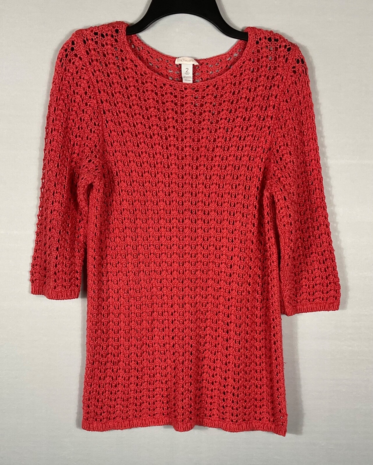 CHICO'S Sweater Womens Size 2 Salmon Crochet Pullover Round Neck 3/4 Sleeves