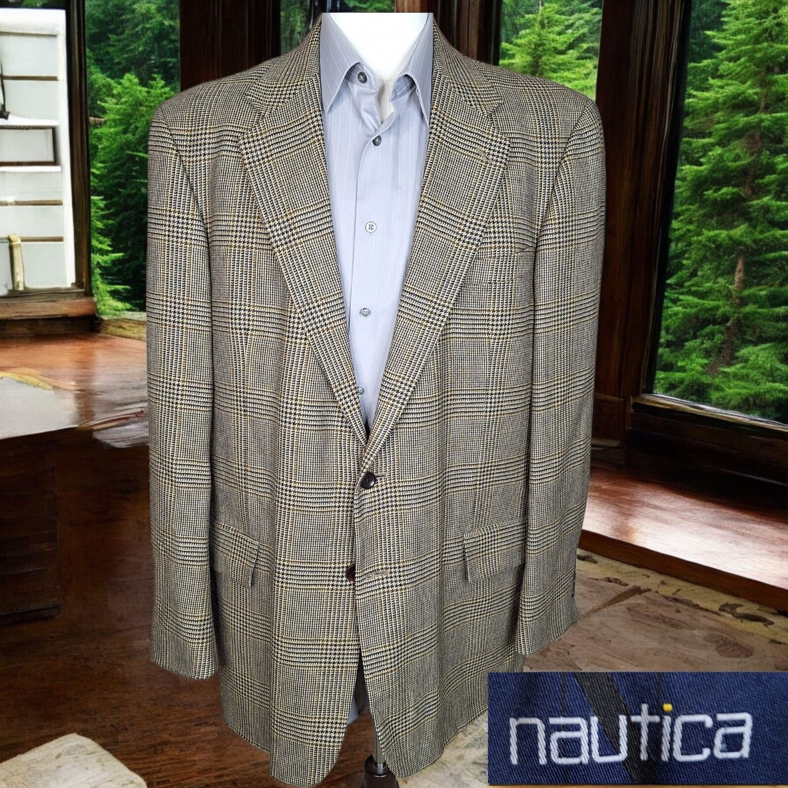 Nautica Sport Coat Blazer Mens 46L Beige Plaid VL Lambs Wool