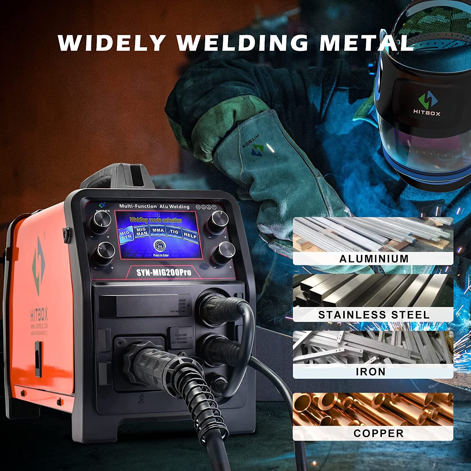 HITBOX Gasless/Gas MIG TIG ARC MMA Weld Aluminum 110/220V 200Amp LED