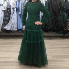 Green Gown for Girls Lace A-Line High-Collar Wedding Party Dress Floor Length
