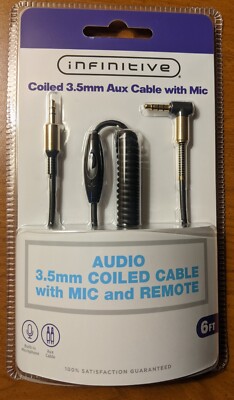 Infinitive Coiled 3.5mm Aux Cable with Built-in Microphon Mic and Remote 6FT New