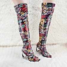Zen Love Colorful Graffiti Print Over The Knee Boots With Wedge Heart Heels