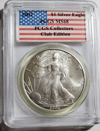 2002 U.S. American Silver Eagle PCGS MS68 Flag Label  Collectors Club Edition