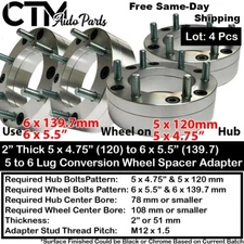 4x 2" Thick 5x4.75 (5x120) to 6x5.5 (6x139.7) Conversion Wheel Spacer Adapter