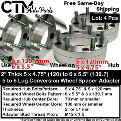 4x 2'' Thick 5x4.75 (5x120) to 6x5.5 (6x139.7) Conversion Wheel Spacer Adapter